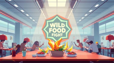 Witness an epic, modern food fight erupting in a cartoon cafeteria! This scene features a striking geometric logo, rendered i