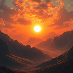 This captivating digital painting showcases an epic sunset over a quiet mountain valley, bathed in intense and dramatic light