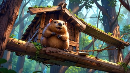 In a whimsical scene reminiscent of both Pixar and anime styles, a kind beaver is captured building the perfect treehouse for
