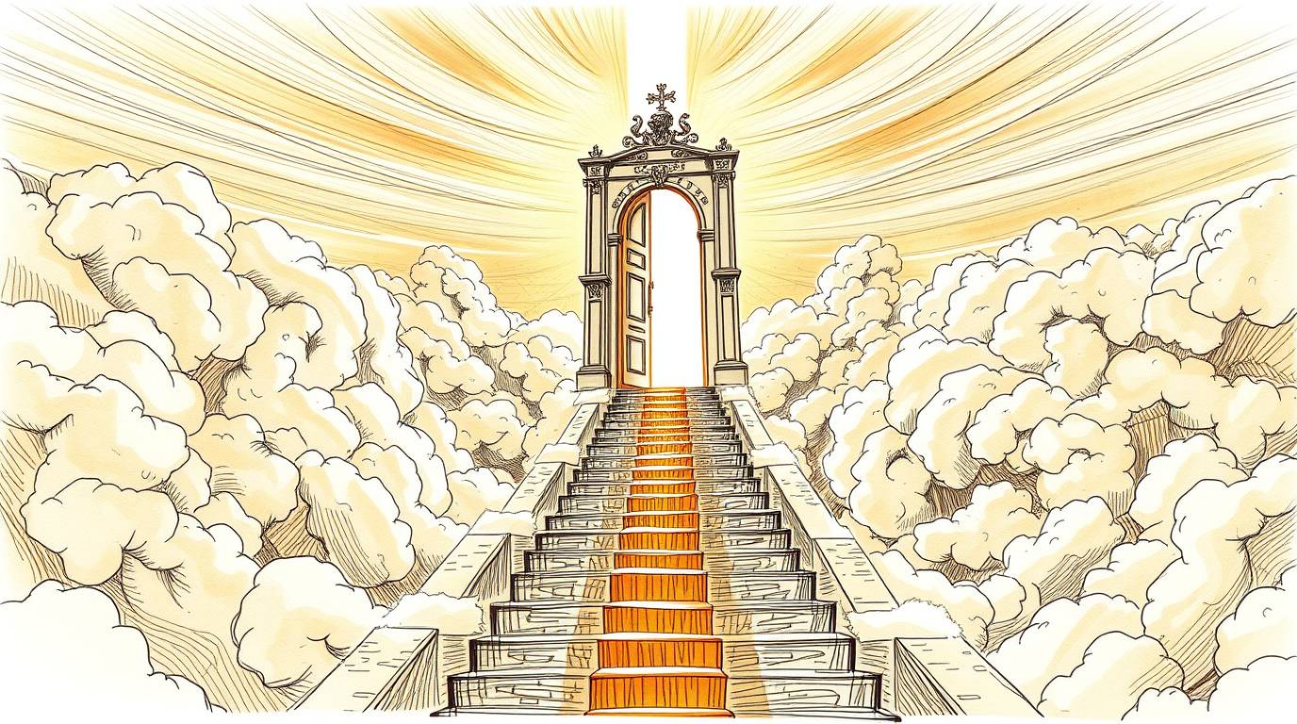 A surreal hand-drawn sketch in infrared tones presents a Heavenly gate suspended above the clouds, complete with ascending st