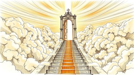 A surreal hand-drawn sketch in infrared tones presents a Heavenly gate suspended above the clouds, complete with ascending st