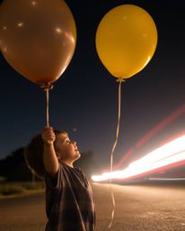 A captivating image showcasing a child holding a balloon, captured using long exposure photography.  The resulting photograph