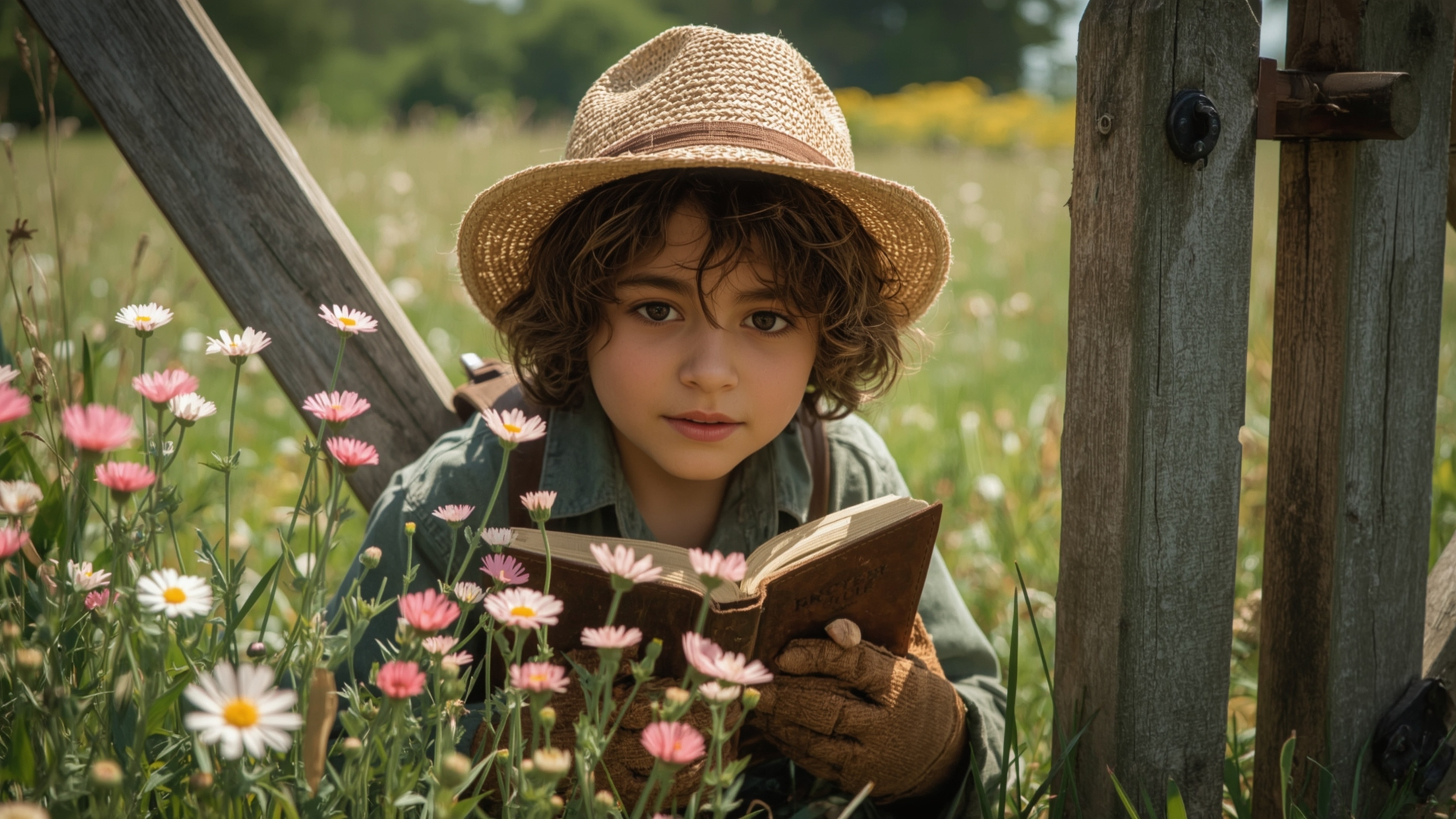 A highly detailed, high-resolution stock photo depicts a gentle-looking young homeschooler, with a straw hat and gardening gl