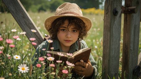 A highly detailed, high-resolution stock photo depicts a gentle-looking young homeschooler, with a straw hat and gardening gl