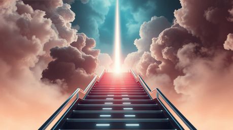 A captivating image depicts a futuristic stairway ascending through smoky clouds towards a radiant celestial light. This surr