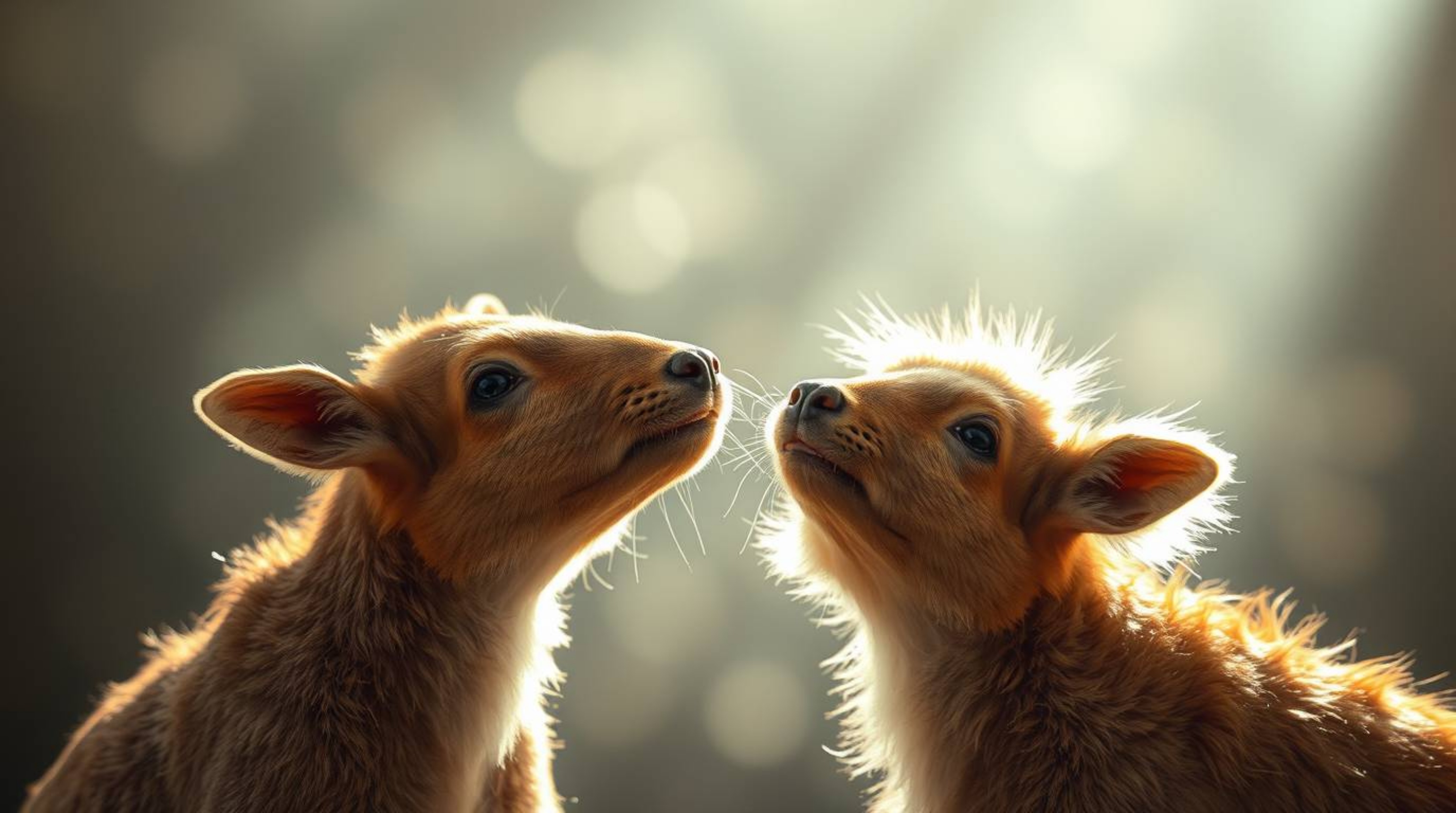 A captivating photograph showcases two talking animals engaged in playful mischief, illuminated by gentle, soft light to crea
