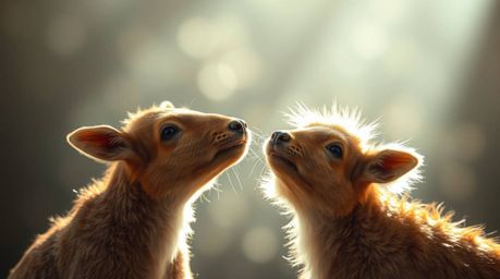 A captivating photograph showcases two talking animals engaged in playful mischief, illuminated by gentle, soft light to crea