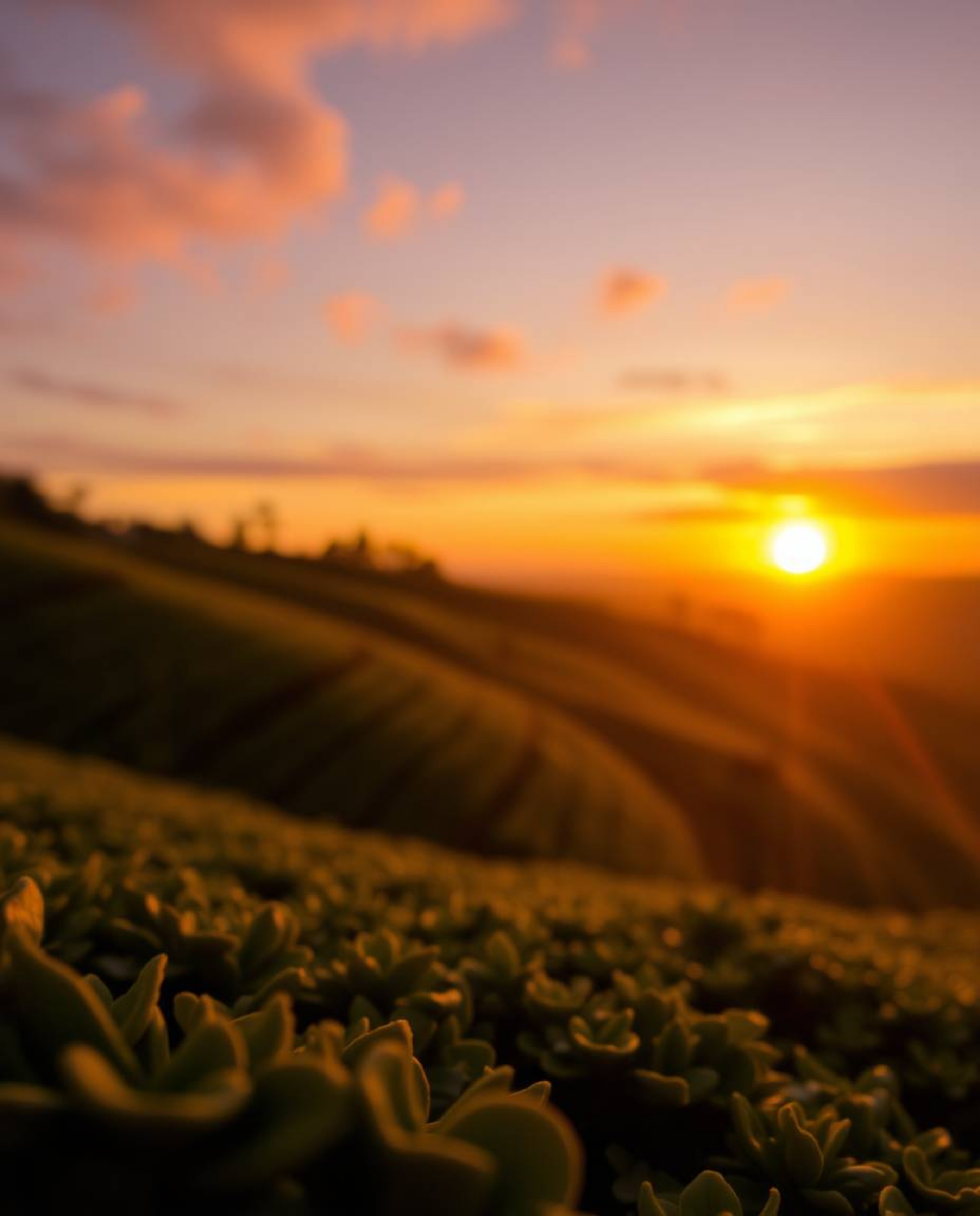 A unique piece in a layered papier-mâché style, depicting a sunset over terraced tea plantations. This artwork features a dis