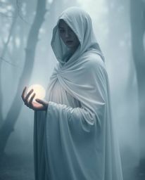 A graceful and elegant cloaked figure barely visible in the thick fog of a misty forest holds a glowing orb, creating an ethe