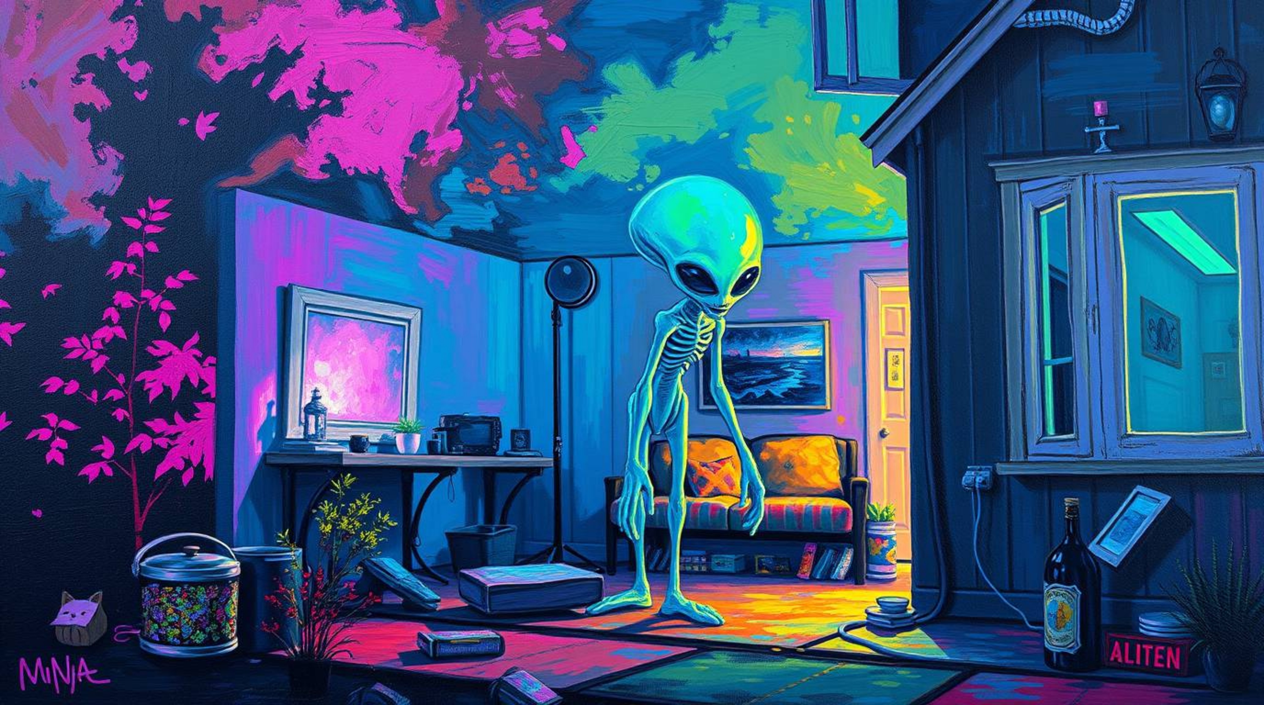 This bold acrylic painting depicts a bioluminescent alien residing in a typical suburban house, bathed in vibrant, glowing co