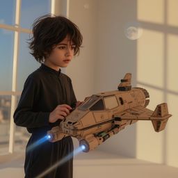Exquisite high-fashion photography of a boy building an intricately detailed cardboard spaceship.  Shot in a minimalist room 