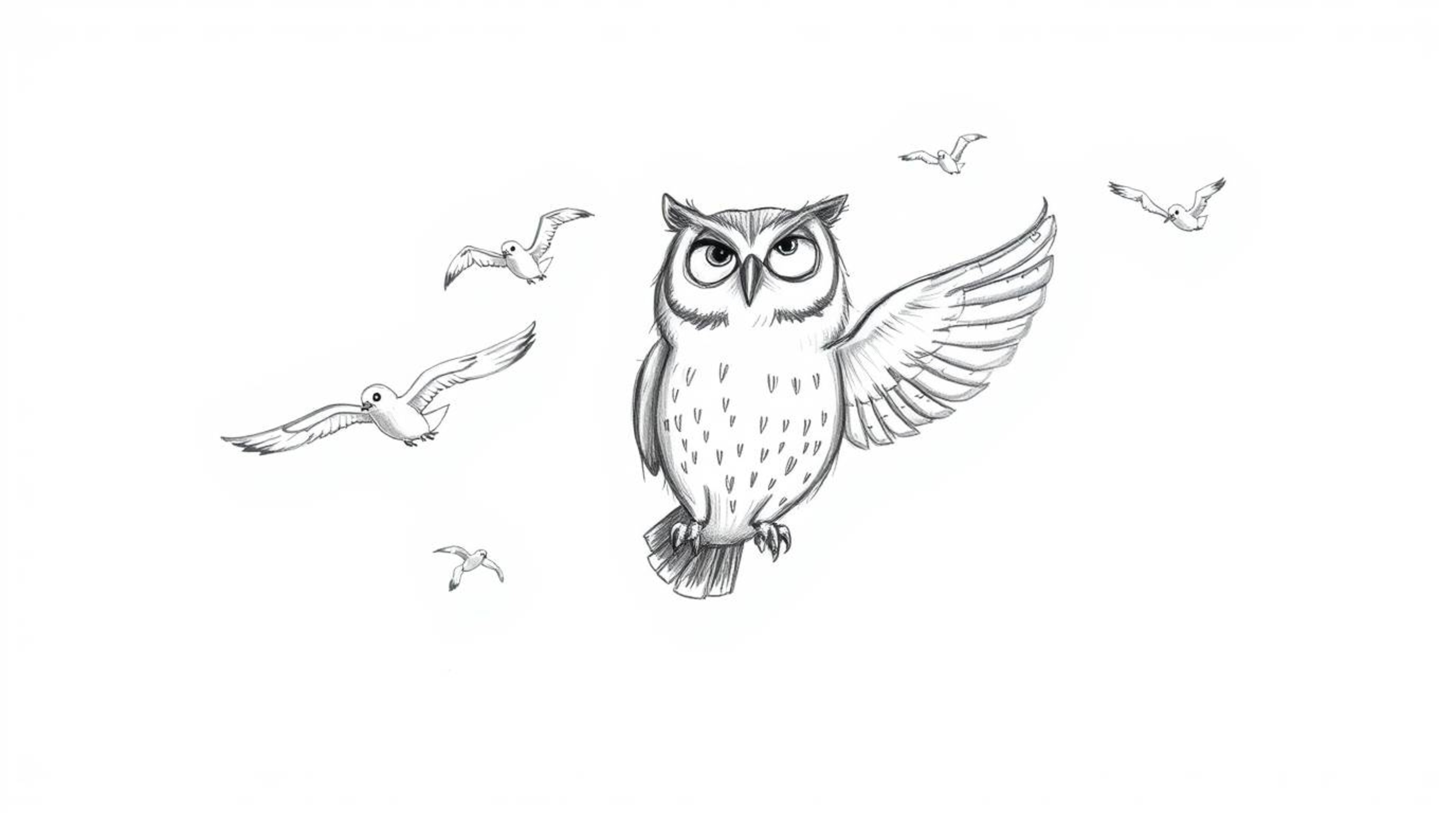A heartwarming, hand-drawn sketch in Pixar style depicts a blind owl with a gentle expression, leading a flock of birds in a 