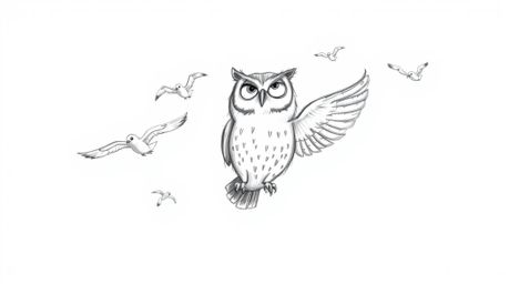 A heartwarming, hand-drawn sketch in Pixar style depicts a blind owl with a gentle expression, leading a flock of birds in a 