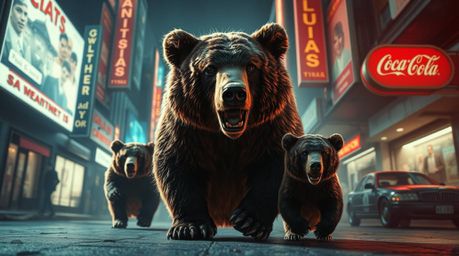 Experience a surreal and dreamlike urban adventure with a bear family as they navigate a high-contrast cityscape filled with 