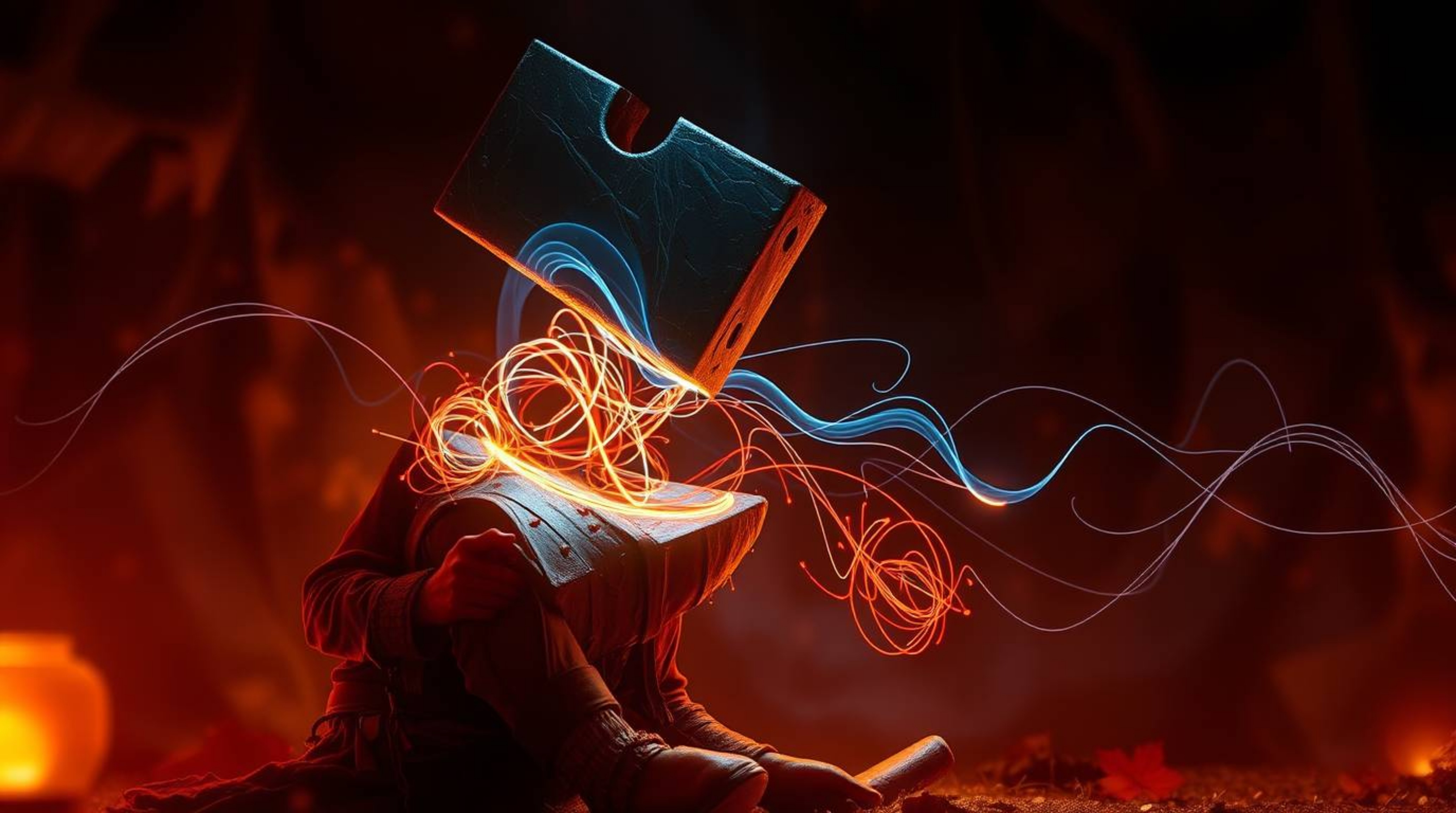 This artwork features creative light art depicting an anvil about to fall on a trickster character, rendered in warm autumnal