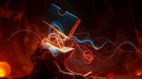 This artwork features creative light art depicting an anvil about to fall on a trickster character, rendered in warm autumnal