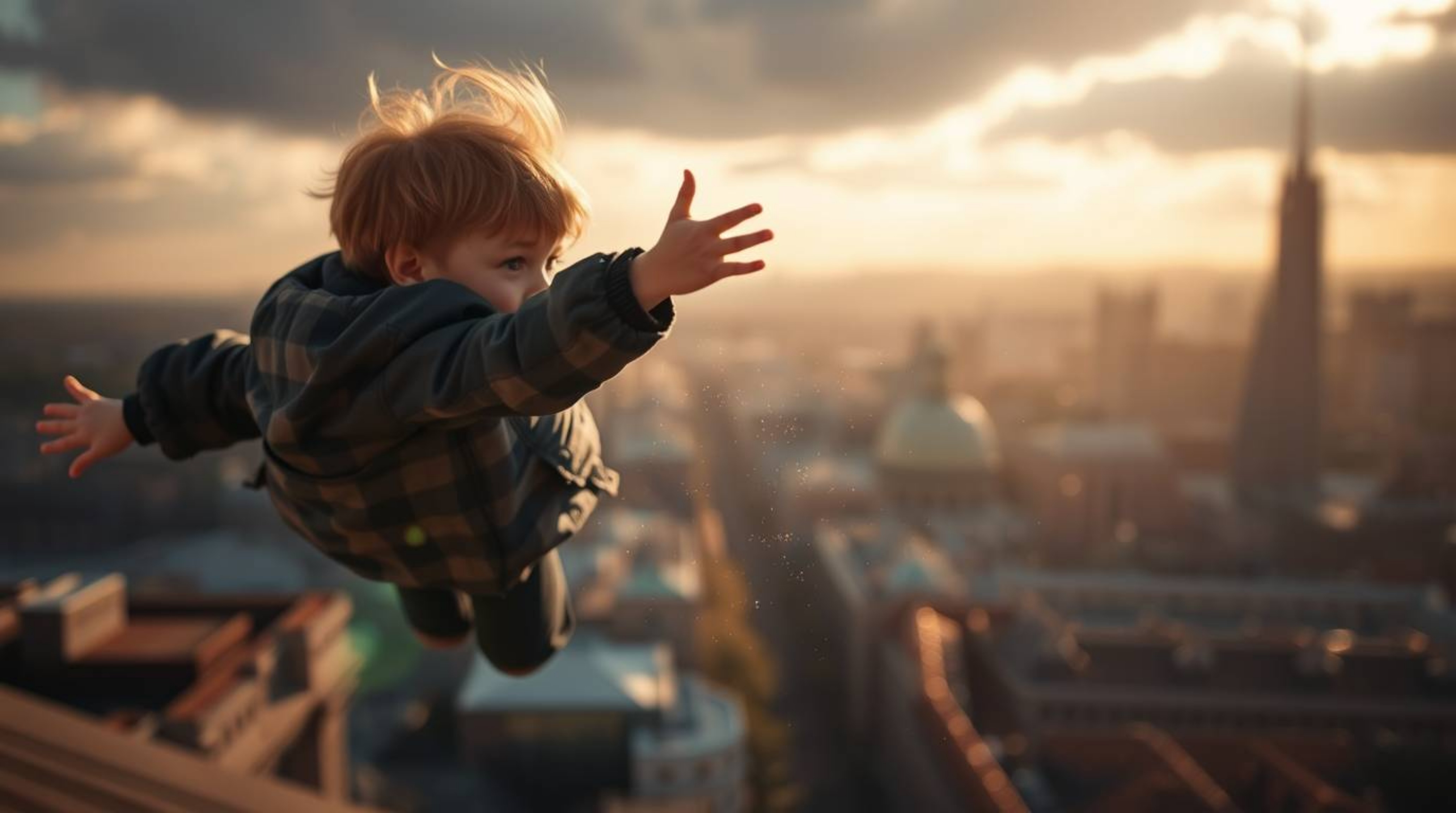 A captivating image featuring a young boy in sharp focus, seemingly flying with the aid of pixie dust above a blurred London 