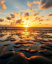 A cast bronze surface with an antique patina finish creatively depicts a sunset sky mirrored in tidal pools on a beach. The s