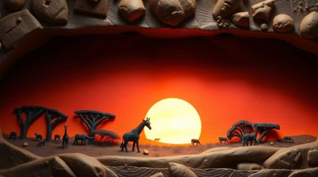 This sculptural clay artwork captures the breathtaking beauty of an African savanna sunset, showcasing silhouetted giraffes a