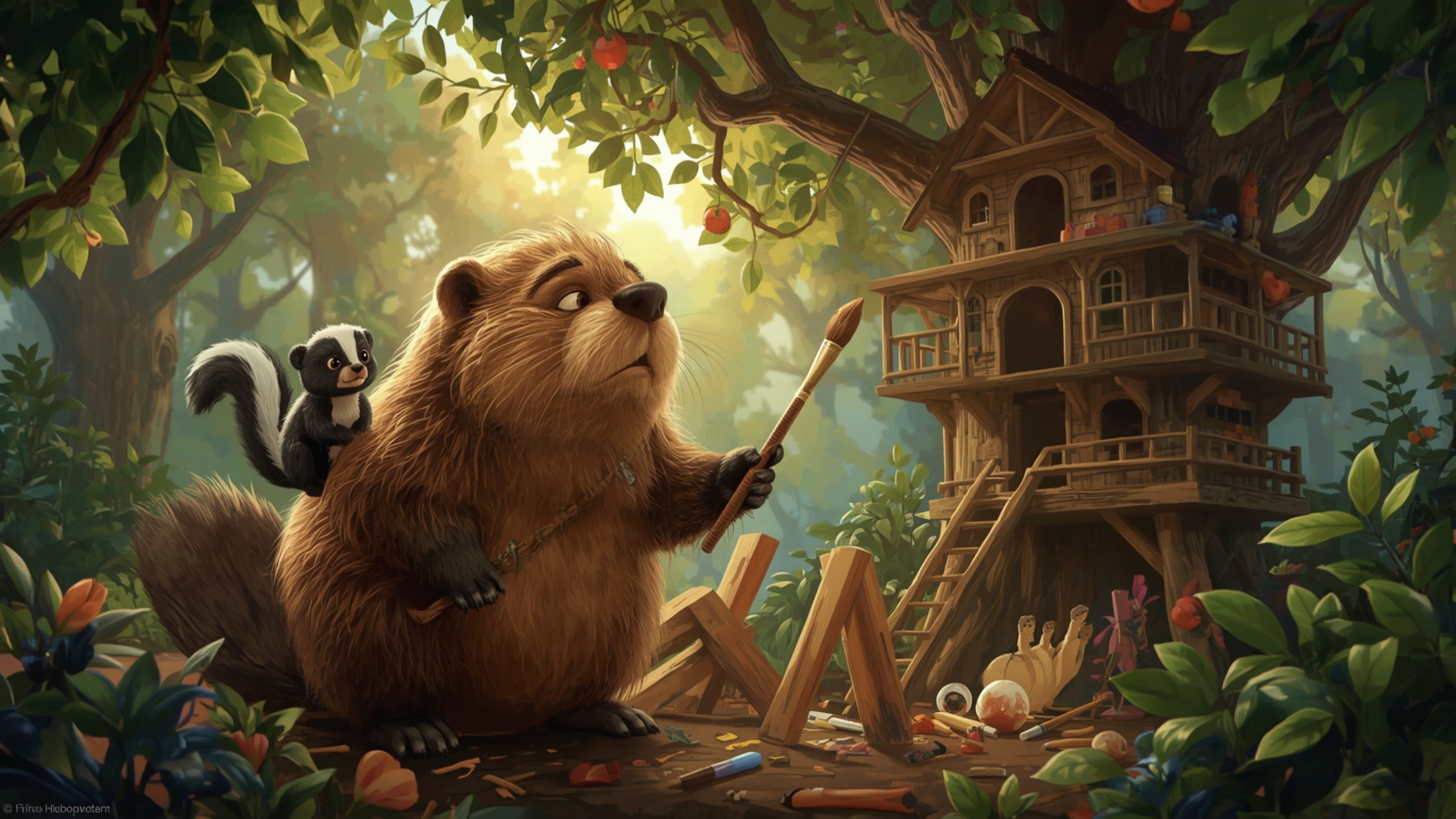 A high-resolution stock photo shows a beaver with a warm, gentle expression, busily constructing an intricately designed, mul