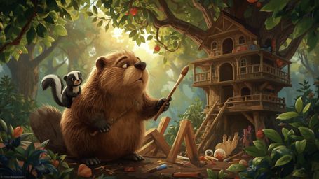 A high-resolution stock photo shows a beaver with a warm, gentle expression, busily constructing an intricately designed, mul
