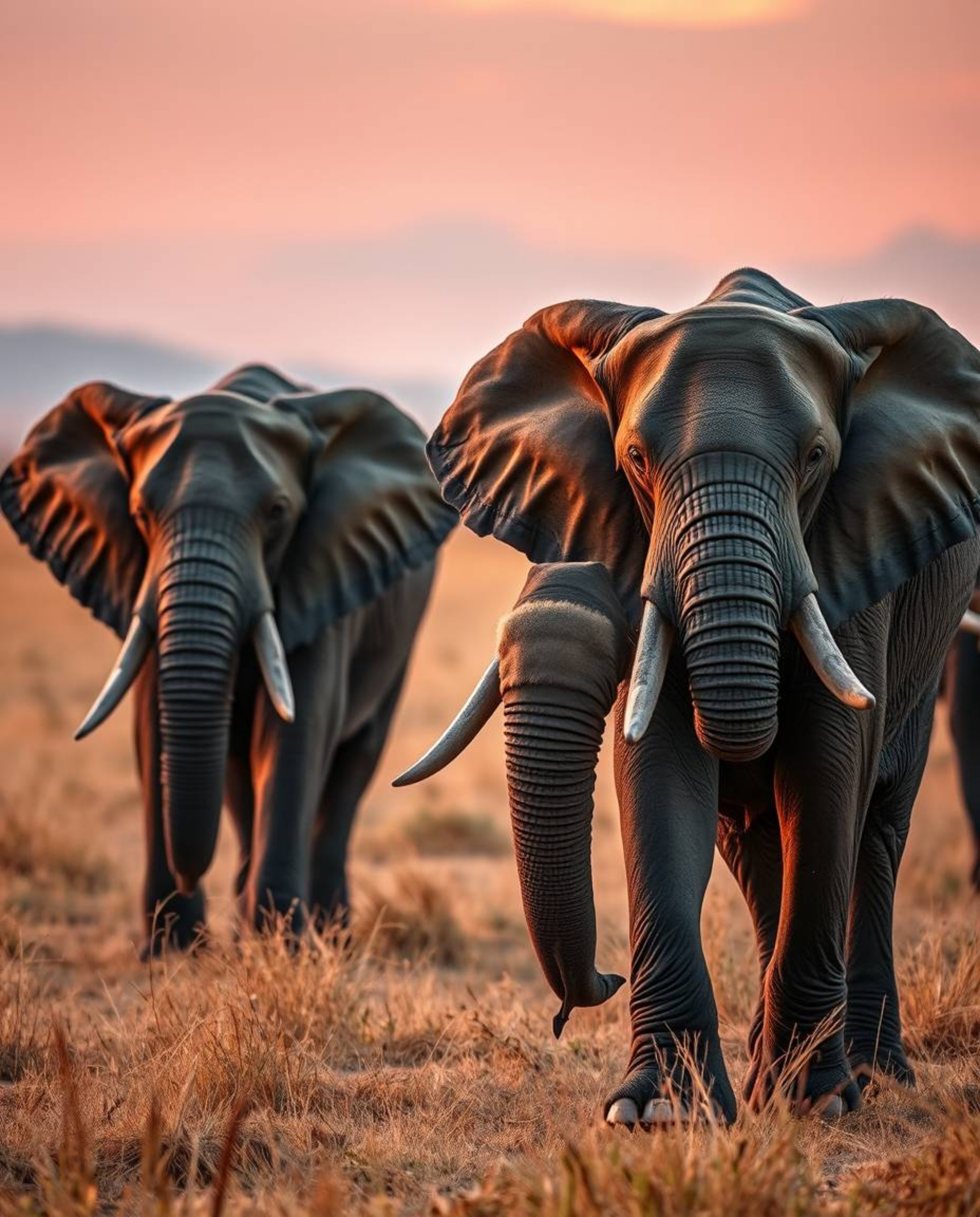 A close-up shot of elephants walking across a field at sunset, featuring natural earth tones, browns, beiges, muted colors, a