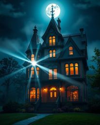 A fog-covered Victorian mansion bathed in moonlight exudes a charming and cute aesthetic, boasting vibrant colors, bright len