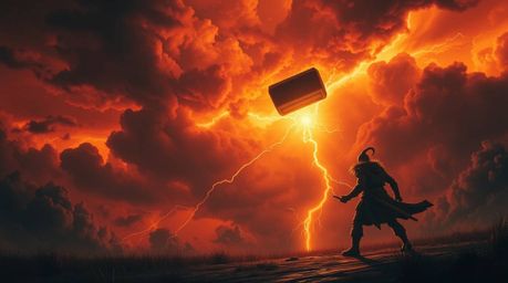 A dramatic weather scene unfolds with intense warm light, reds, oranges, and yellows painting a stormy sky as an anvil threat
