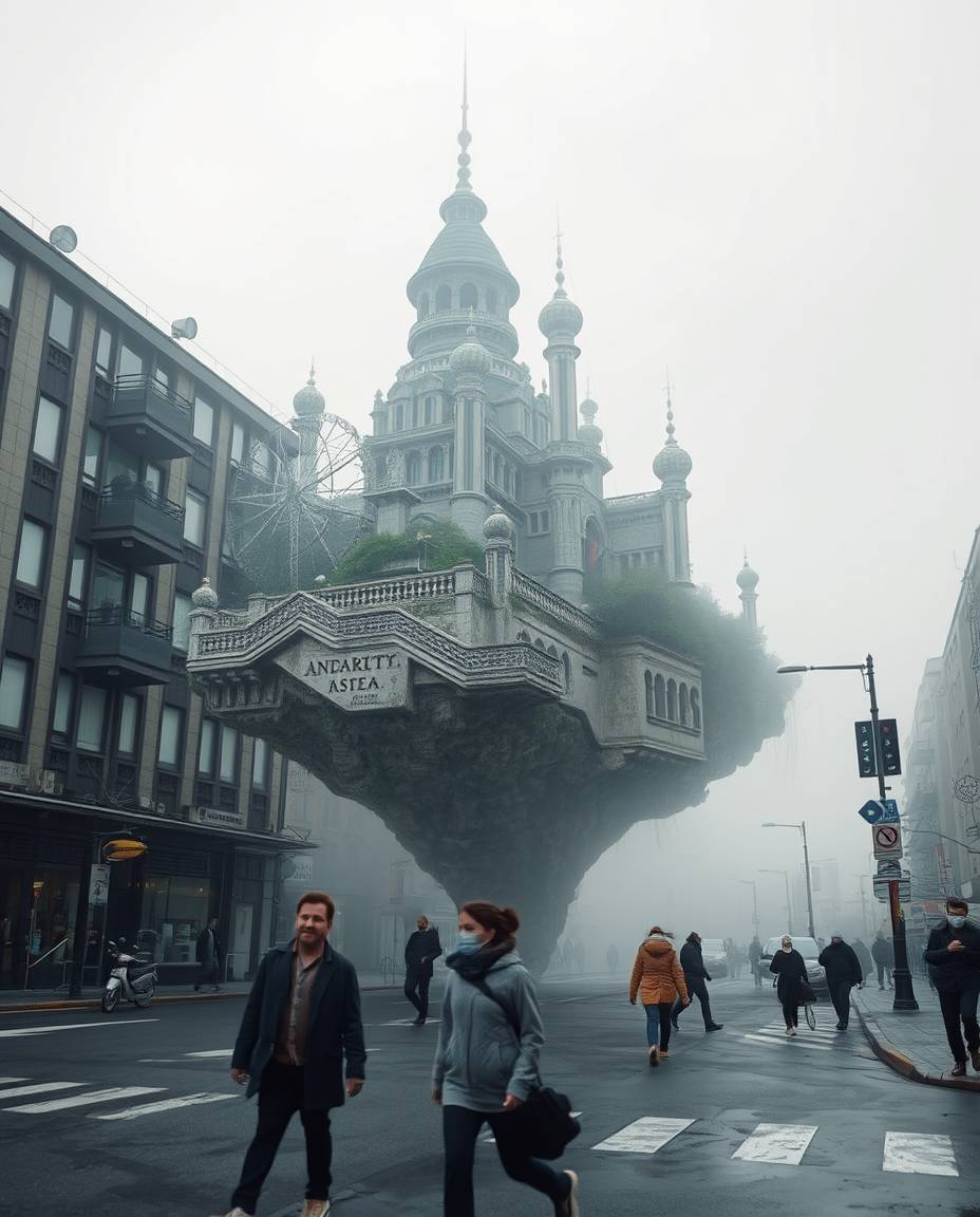 A candid street photography shot captures a surreal floating island with strange architecture amidst urban scenes. The low vi