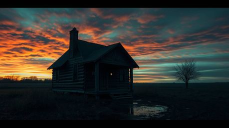 An old wooden cabin bathed in the glow of a setting sun, overlaid with iridescent colors, creates an eerie and unsettling atm