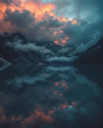 An eerie and creepy photograph depicts the reflections of fiery clouds in a mountain lake, creating a mystic and enchanting e