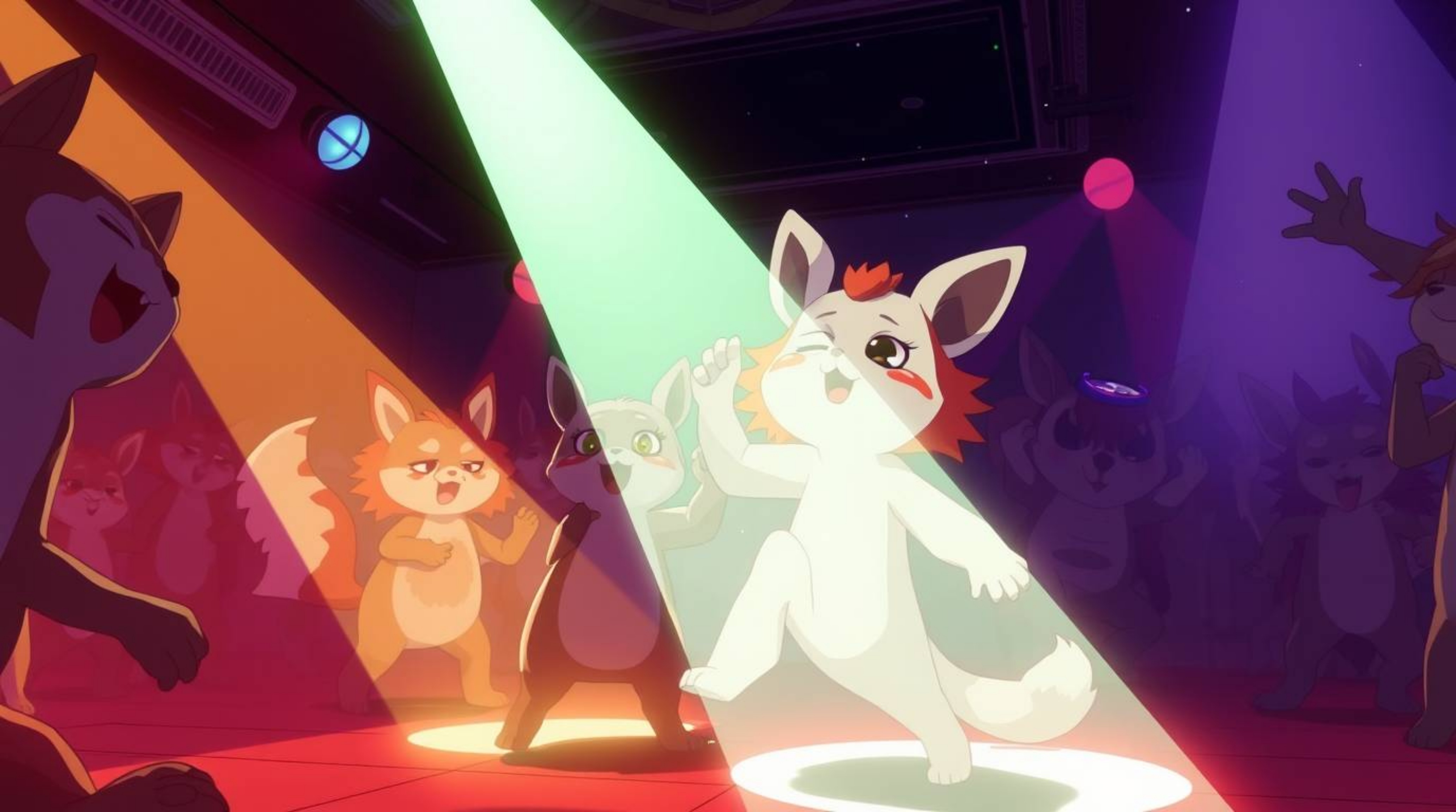 Experience a vibrant Isekai-styled anime animal dance party!  This electrifying scene features disco lights, dramatic chiaros