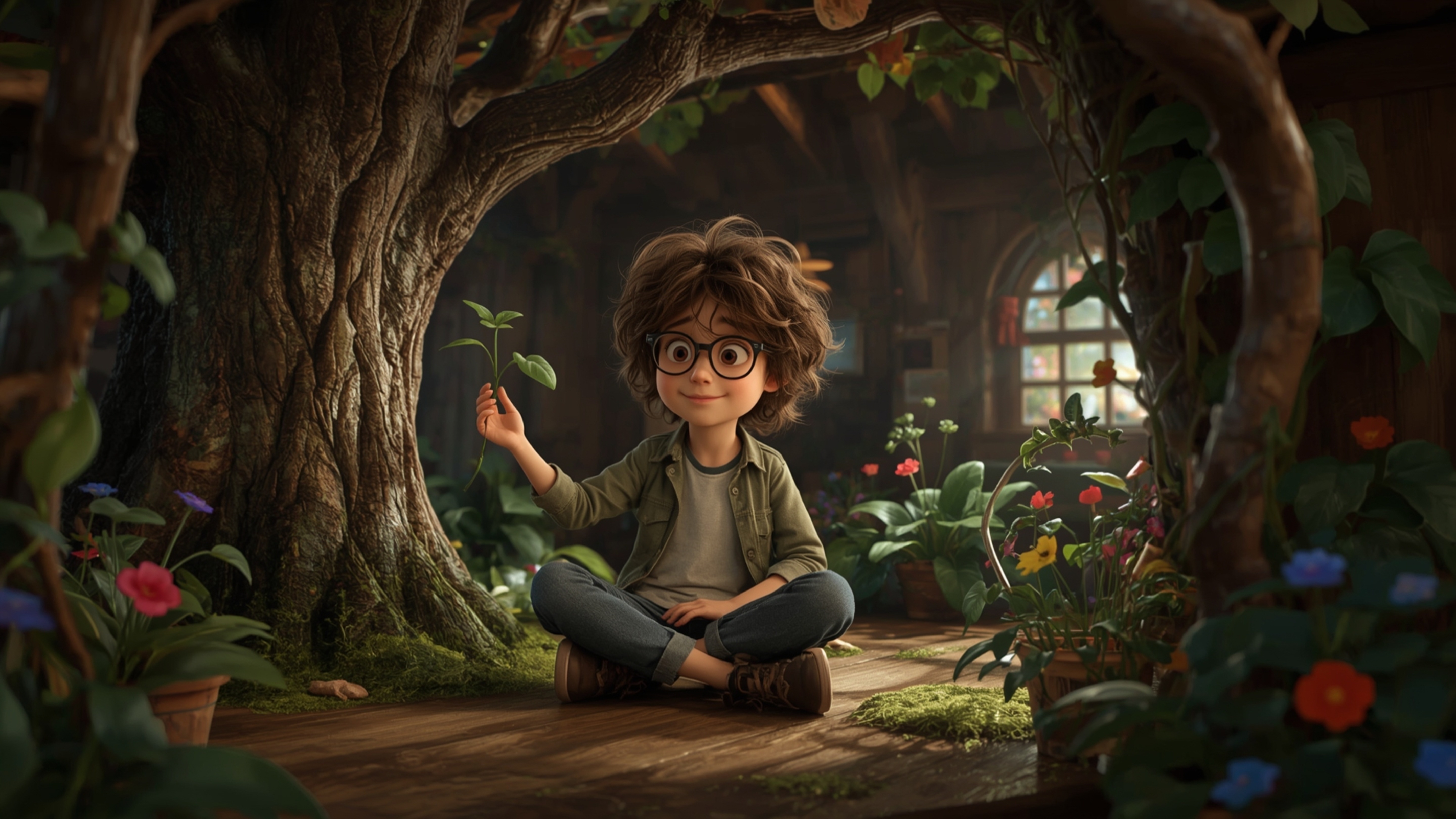 a highly detailed, cinematic photograph of a bespectacled, bright-eyed, homeschooled genius with tousled curly brown hair and
