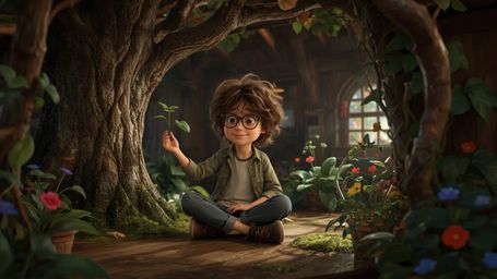 a highly detailed, cinematic photograph of a bespectacled, bright-eyed, homeschooled genius with tousled curly brown hair and