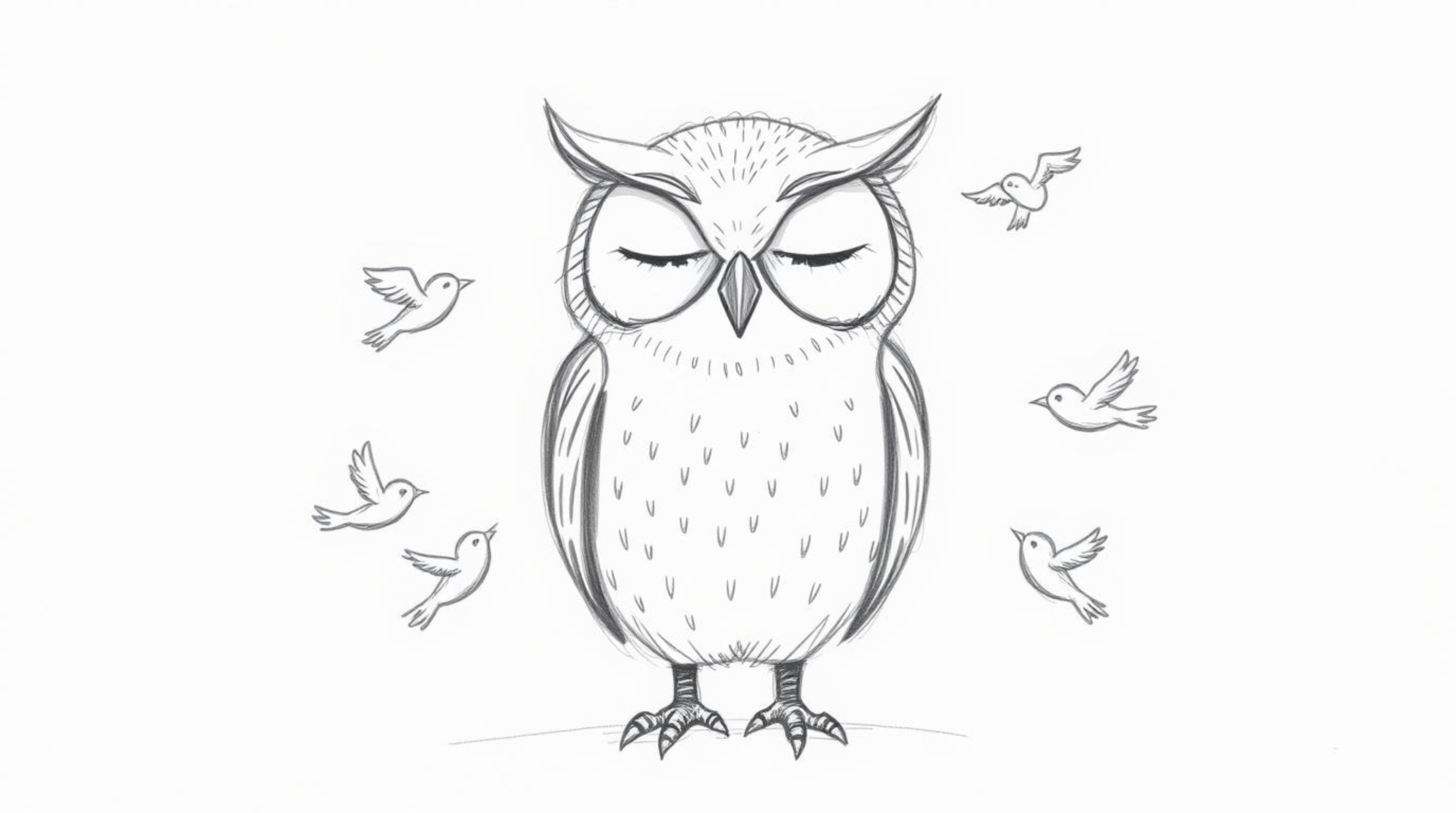 A hand-drawn sketch of a wise-looking blind owl with soft feathers and closed eyes, reminiscent of Pixar's style. The owl sit