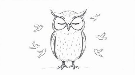 A hand-drawn sketch of a wise-looking blind owl with soft feathers and closed eyes, reminiscent of Pixar's style. The owl sit
