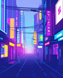 Explore a pixelated glitch image of a cyberpunk street bathed in neon haze. This modern flat design showcases simple two-dime