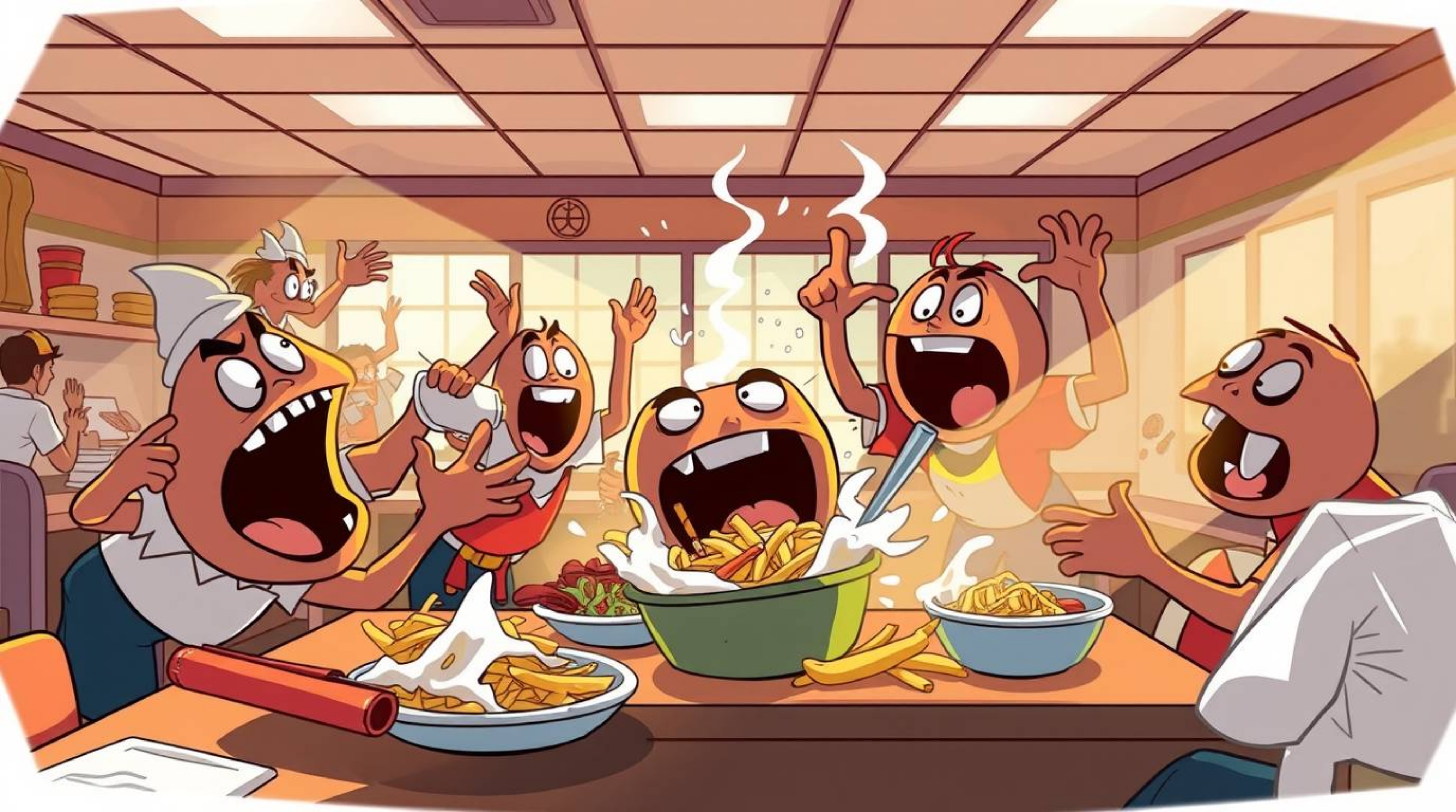 A high-resolution stock photo depicting a chaotic food fight in a vibrant cartoon cafeteria.  The image features strong, hard