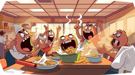 A high-resolution stock photo depicting a chaotic food fight in a vibrant cartoon cafeteria.  The image features strong, hard