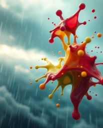 Experience intense and dramatic weather captured in extreme macro close-up, showcasing abstract 3D colorful splash shapes flo
