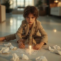 This exquisite high fashion photography captures a young boy with messy brown hair and bright, curious eyes, completely absor