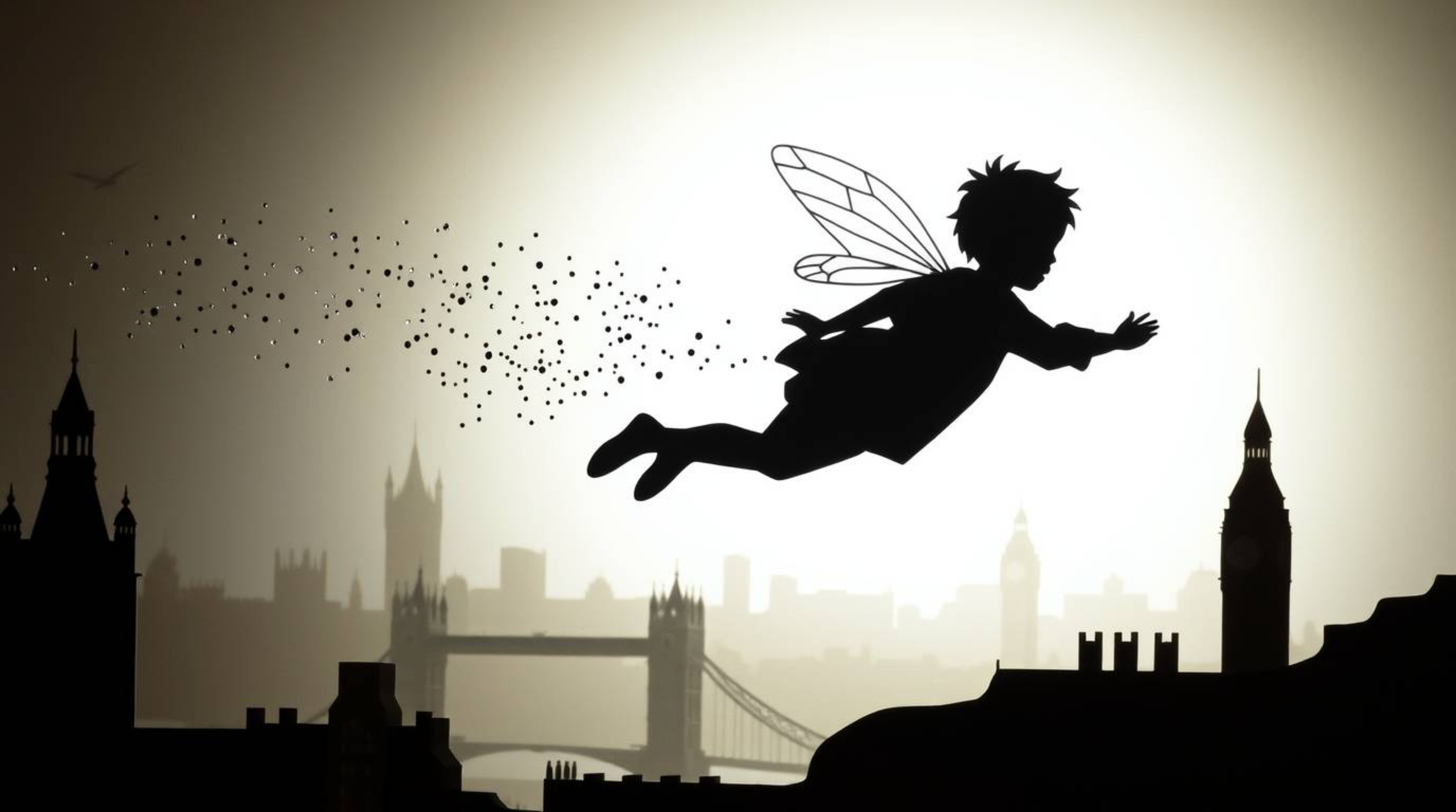A captivating papier-mâché sculpture depicts a young boy soaring above London, dusted with pixie dust.  The layered artwork u