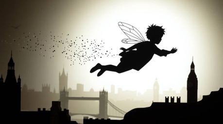 A captivating papier-mâché sculpture depicts a young boy soaring above London, dusted with pixie dust.  The layered artwork u