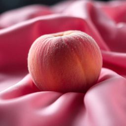 A captivating close-up image showcasing a soft, blushing pink peach resting on silky pastel pink fabric. The aesthetic leans 