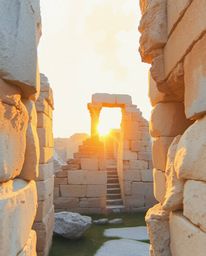 A delicate watercolor painting in a tight close-up captures the beauty of sunset shadows falling through ancient stone ruins.
