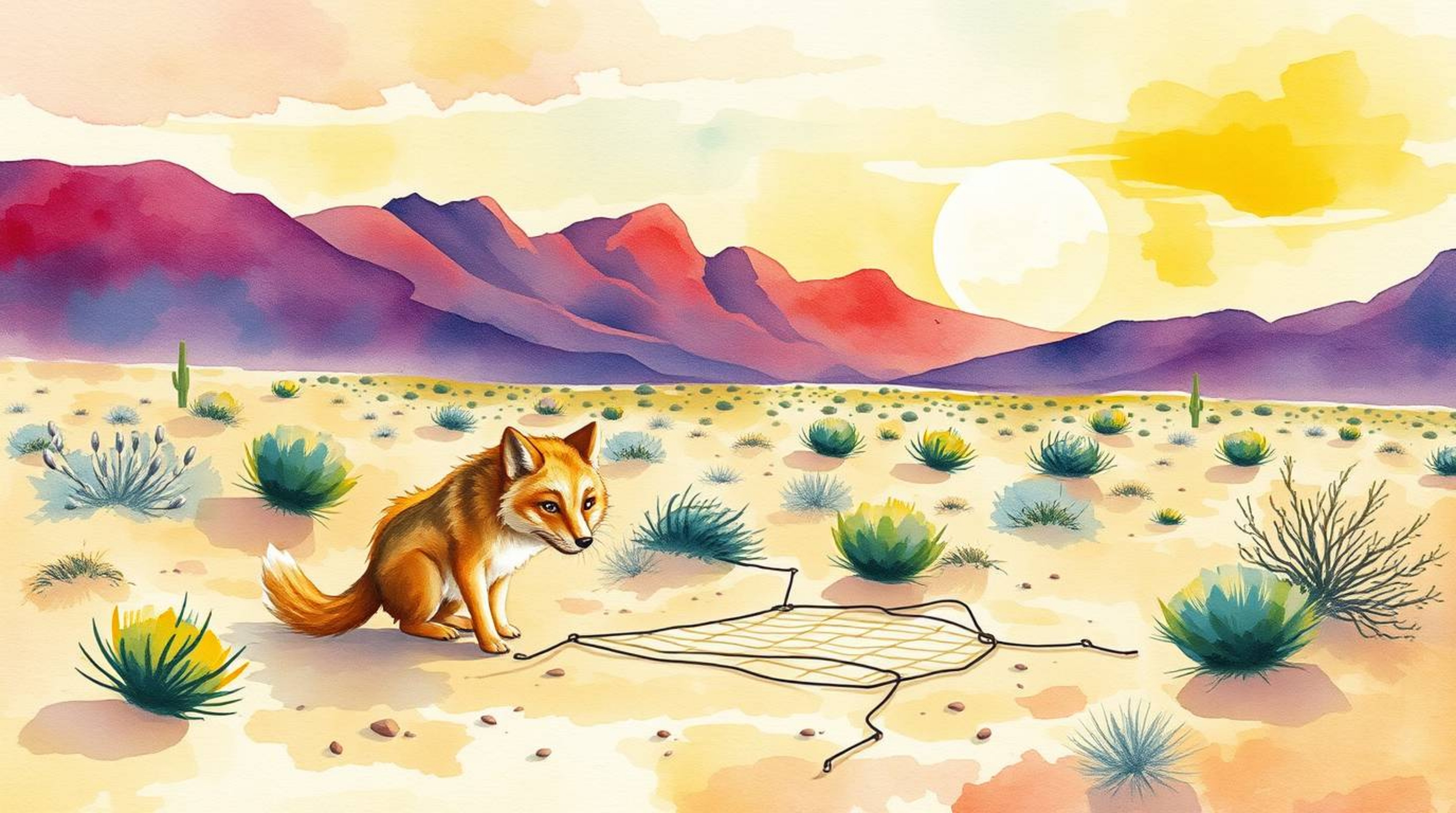 A whimsical and vibrant watercolor painting depicts a coyote meticulously setting up a ridiculously elaborate trap in the hea