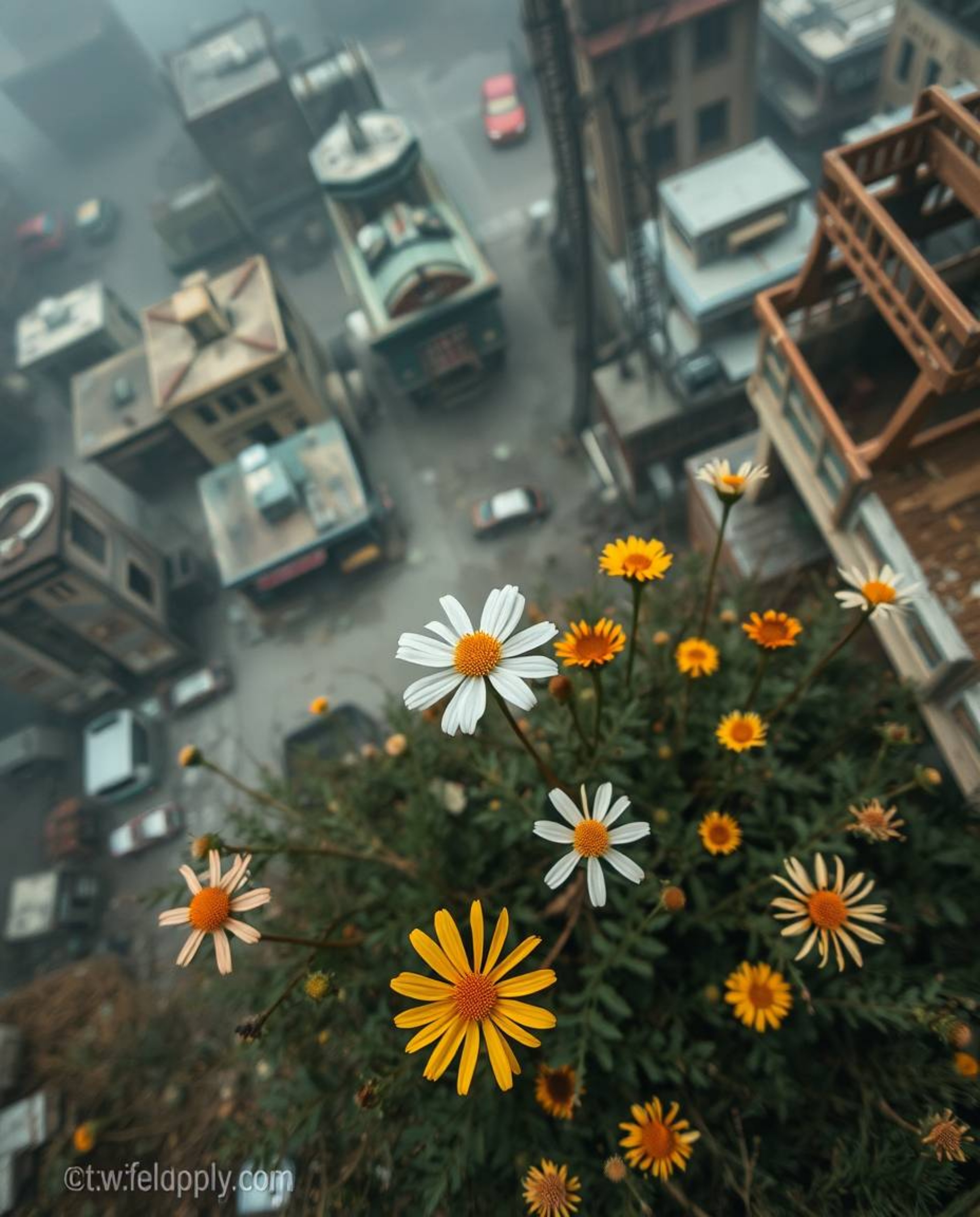 A breathtaking bird's eye view showcases the resilient beauty of flowers blooming amidst the ruins of a post-apocalyptic city
