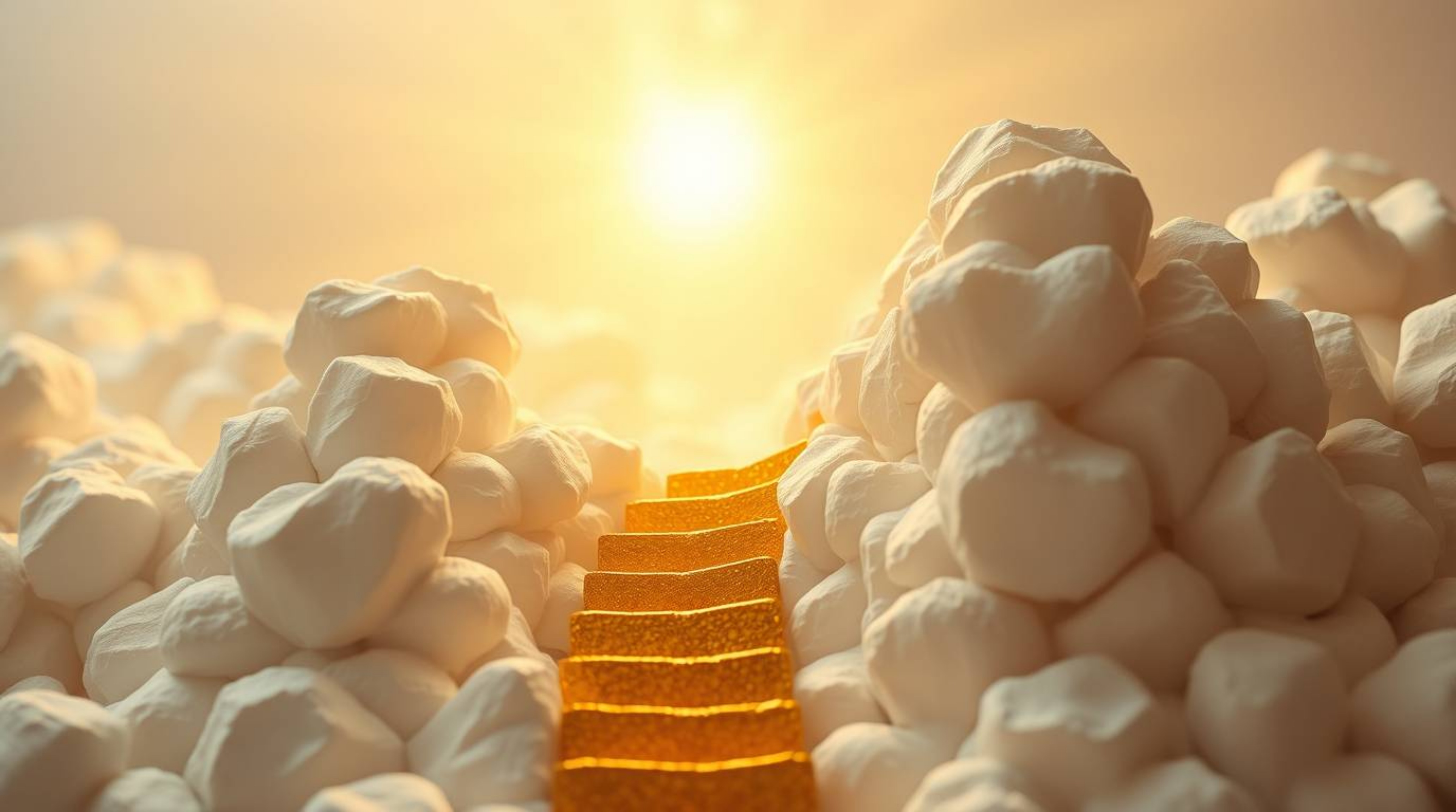 A captivating sculptural clay artwork portrays a golden staircase ascending through ethereal clouds towards a radiant heaven.