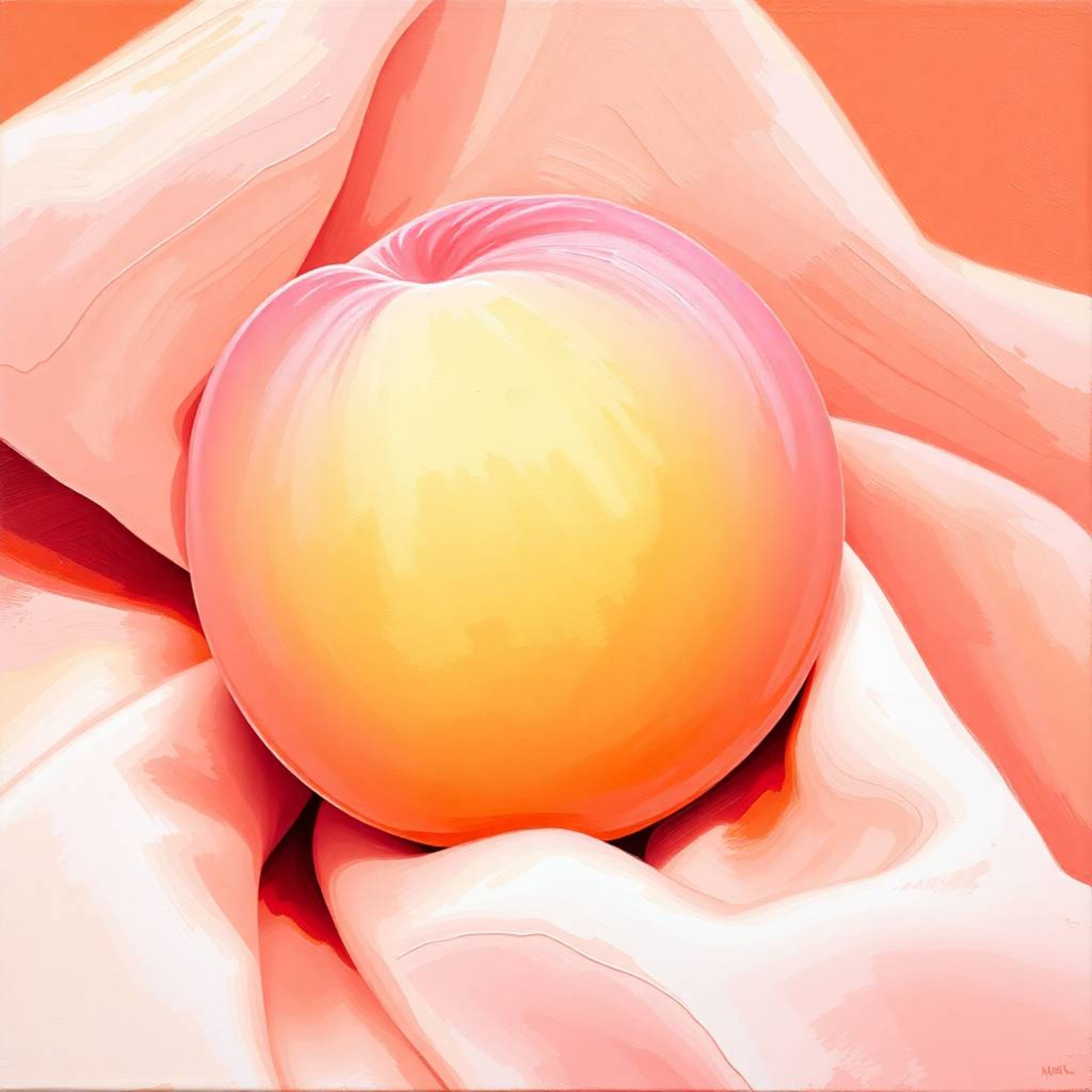 Warm and bold acrylic painting featuring a close-up ASMR image of a soft, blushing pink peach resting on silky pastel pink fa