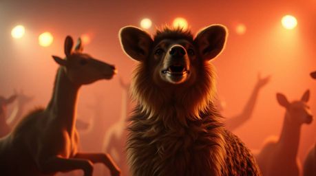 Experience a mesmerizing animal dance party bathed in soft cinematic haze.  Disco lights illuminate the scene, while a soft f